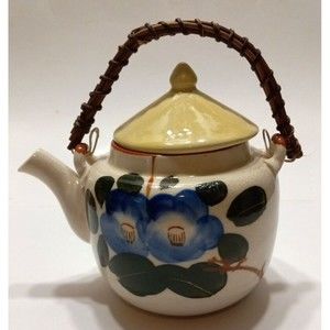 Vintage Stoneware Tea Pot Bamboo Handle Japan Blue Flowers Green Leaves